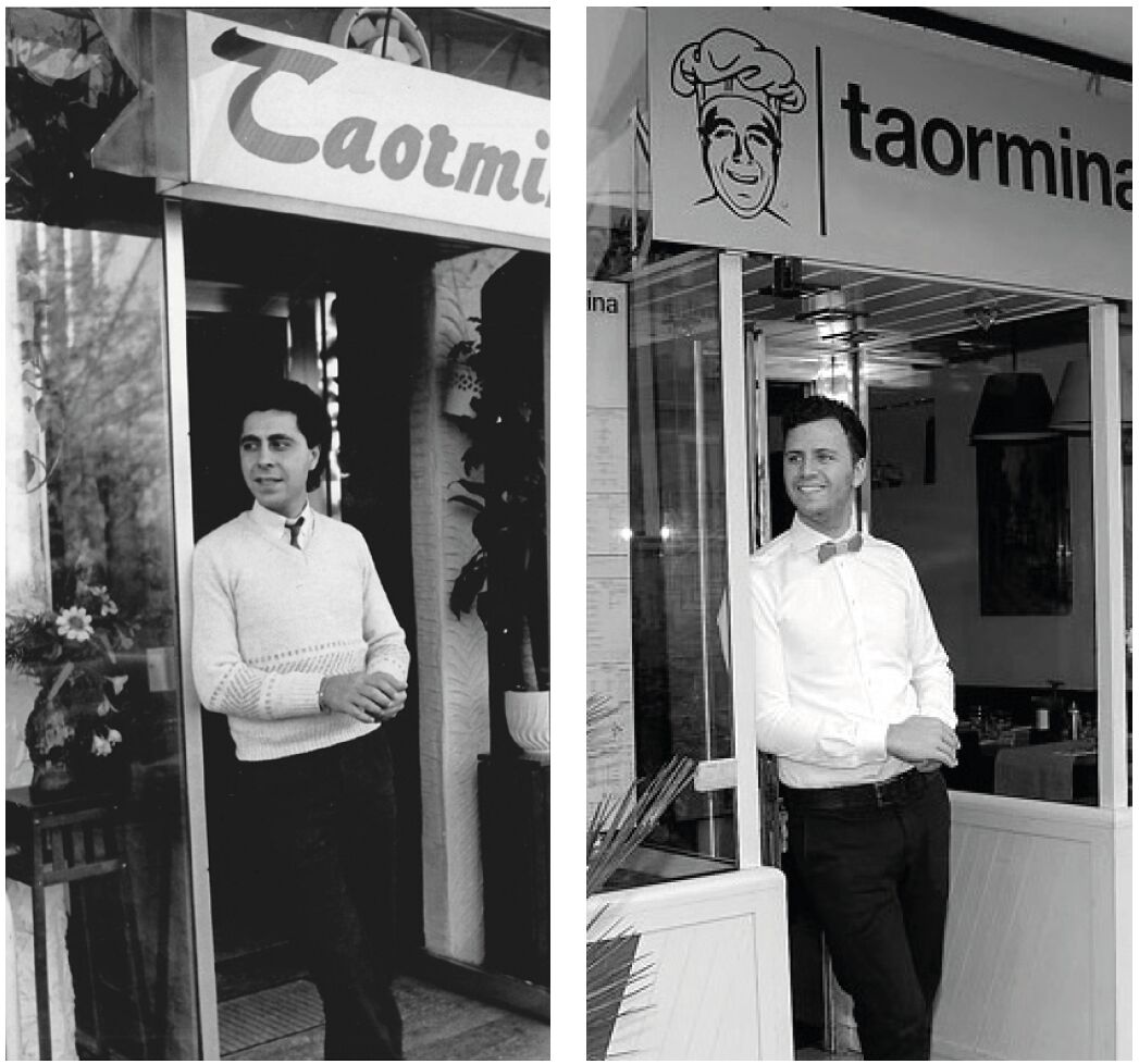 Black-and-white photos: two men in the restaurant doorway, earlier on the left, with the current taormina sign on the right